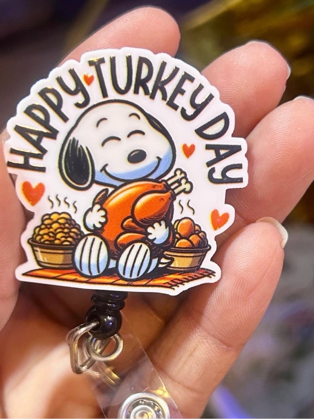 Peanuts Snoopy Turkey Day -Thanksgiving Retractable Badge Reel Nurse Teacher